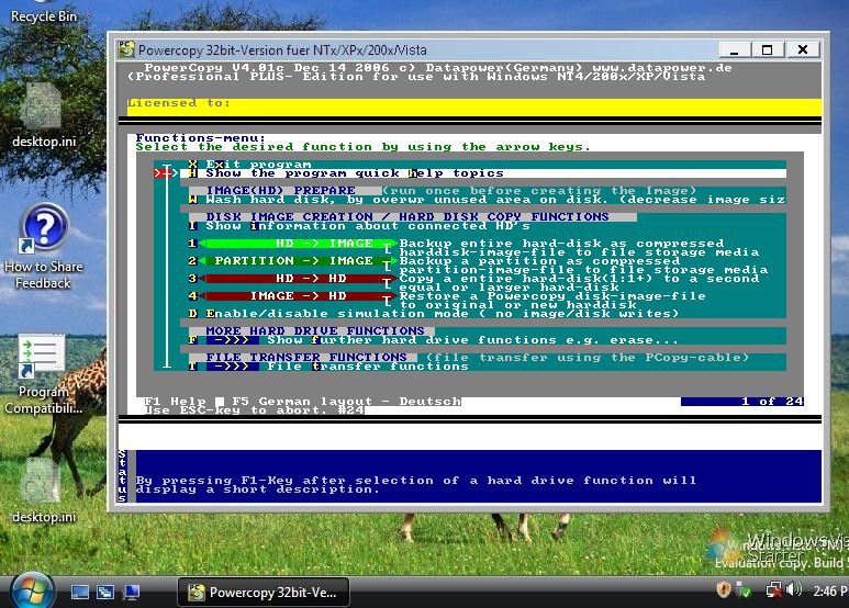 Function menu Windows Vista