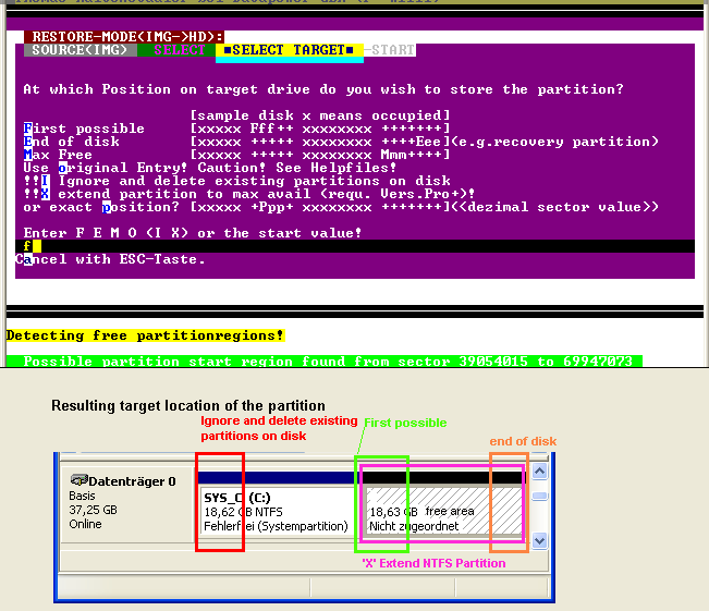 select where to store partition on target drive 